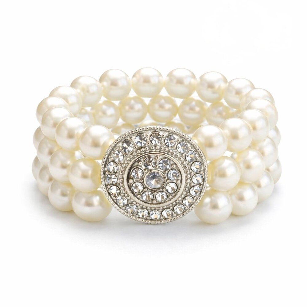 Vintage 3-Strand Faux Pearl Stretch Cuff Bracelet with Silver-Tone Rhinestone